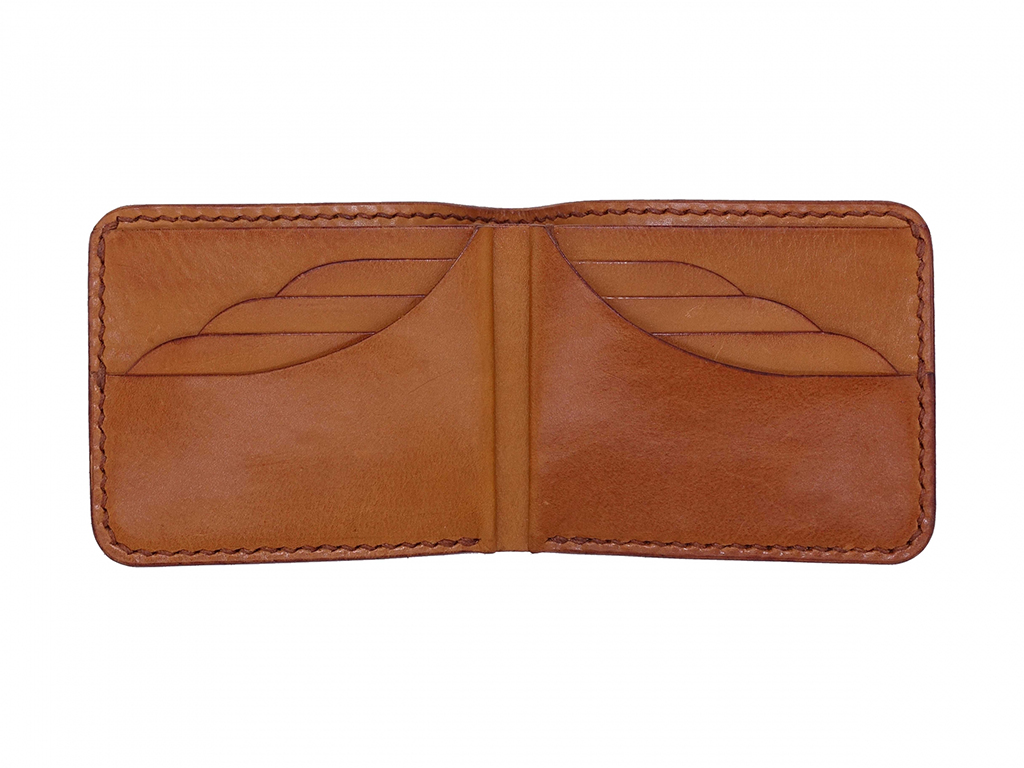 波浪短夾外觀正面照,植鞣革手作短夾對折比例收斂,圓角與手縫細節自然呈現。