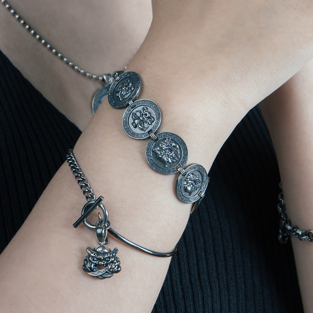 925純銀|劍獅圓牌手鍊【大款】SLSb038A