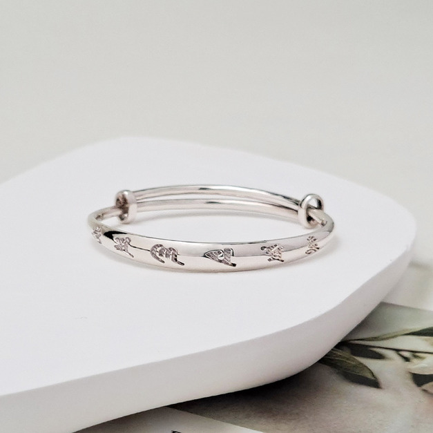 999足銀|斜刻六字箴言內素面小孩伸縮手環 b9794C