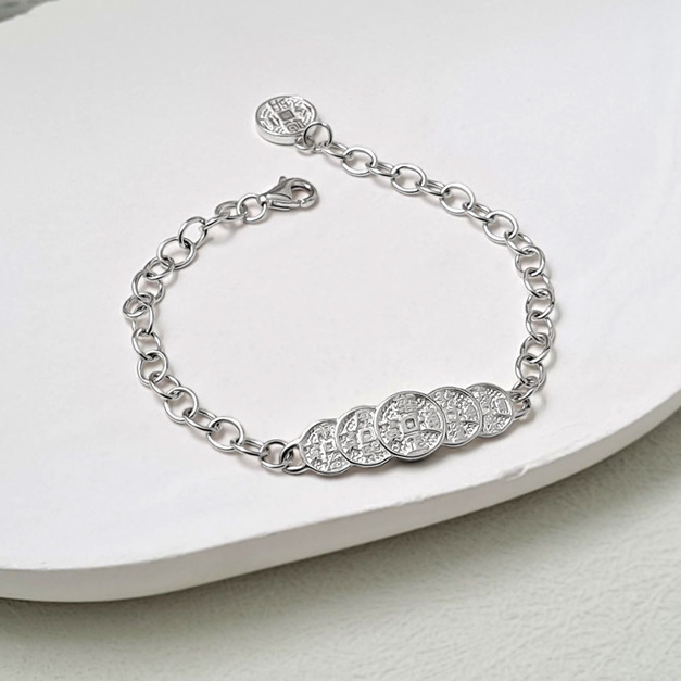 925純銀|長命富貴五帝錢小孩手鍊 b91234