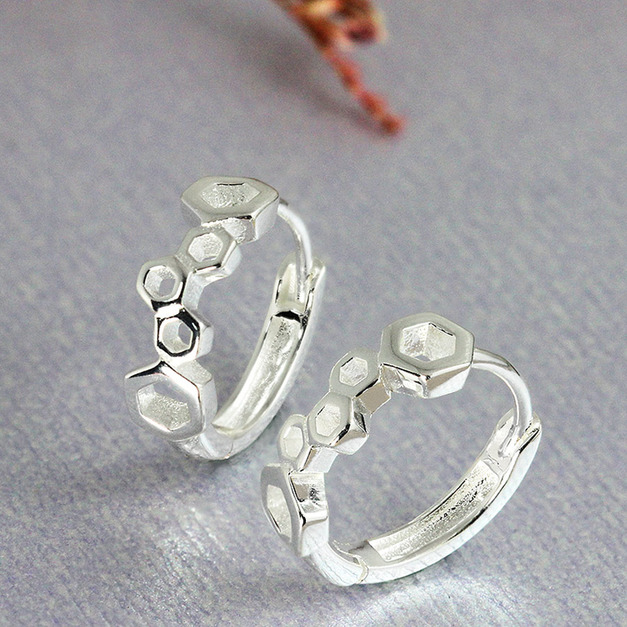 925純銀|蜂巢六角型易扣耳飾 EL0129