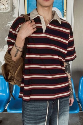 美式復古撞色條紋翻領短踢 美式復古撞色條紋翻領短踢