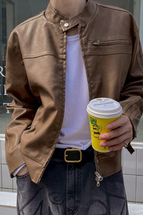 復古裂紋軌道短款皮革夾克 復古裂紋軌道短款皮革夾克