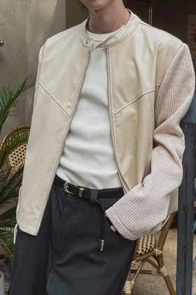 針織拼接短款機車皮夾克 針織拼接短款機車皮夾克