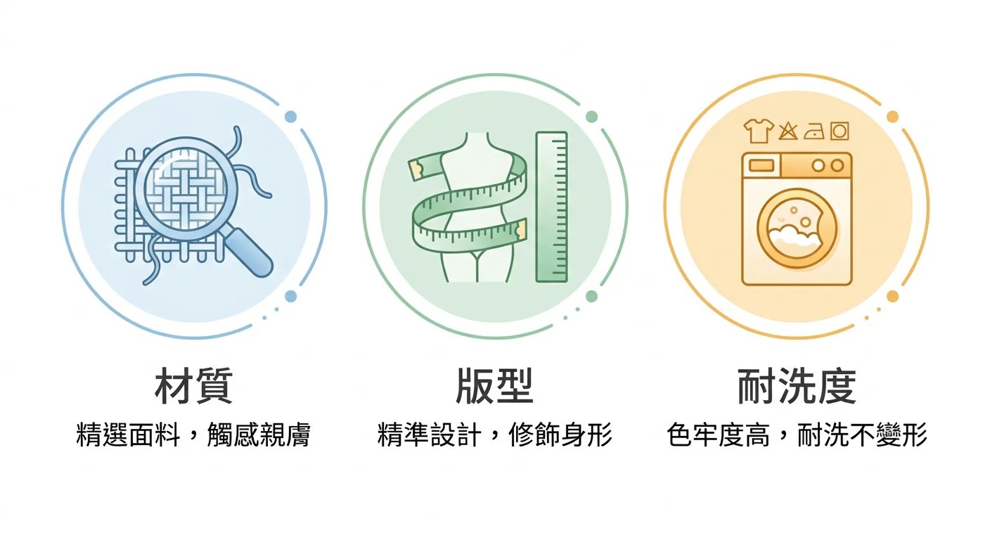 三個圓形圖示組成的資訊圖,分別代表材質(布料放大鏡圖示)、版型(尺碼測量圖示)、耐洗度(洗衣機/洗滌標誌圖示),每個圖示旁邊有簡短說明文字,背景乾淨白色,配色專業柔和