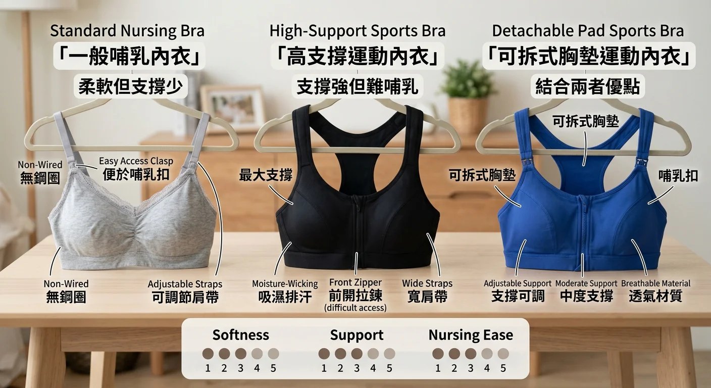 三款內衣並列對比:左側一般哺乳內衣(柔軟但支撐少)、中間高支撐運動內衣(支撐強但難哺乳)、右側「可拆式胸墊運動內衣」(結合兩者優點),標示各款功能特色