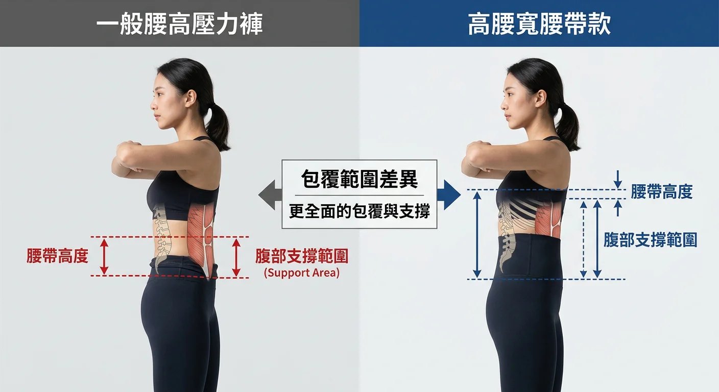 高腰壓力褲穿著示意,腰帶高度與腹部支撐範圍用虛線標示清楚,對比圖左側為一般腰高壓力褲,右側為高腰寬腰帶款,標示包覆範圍差異