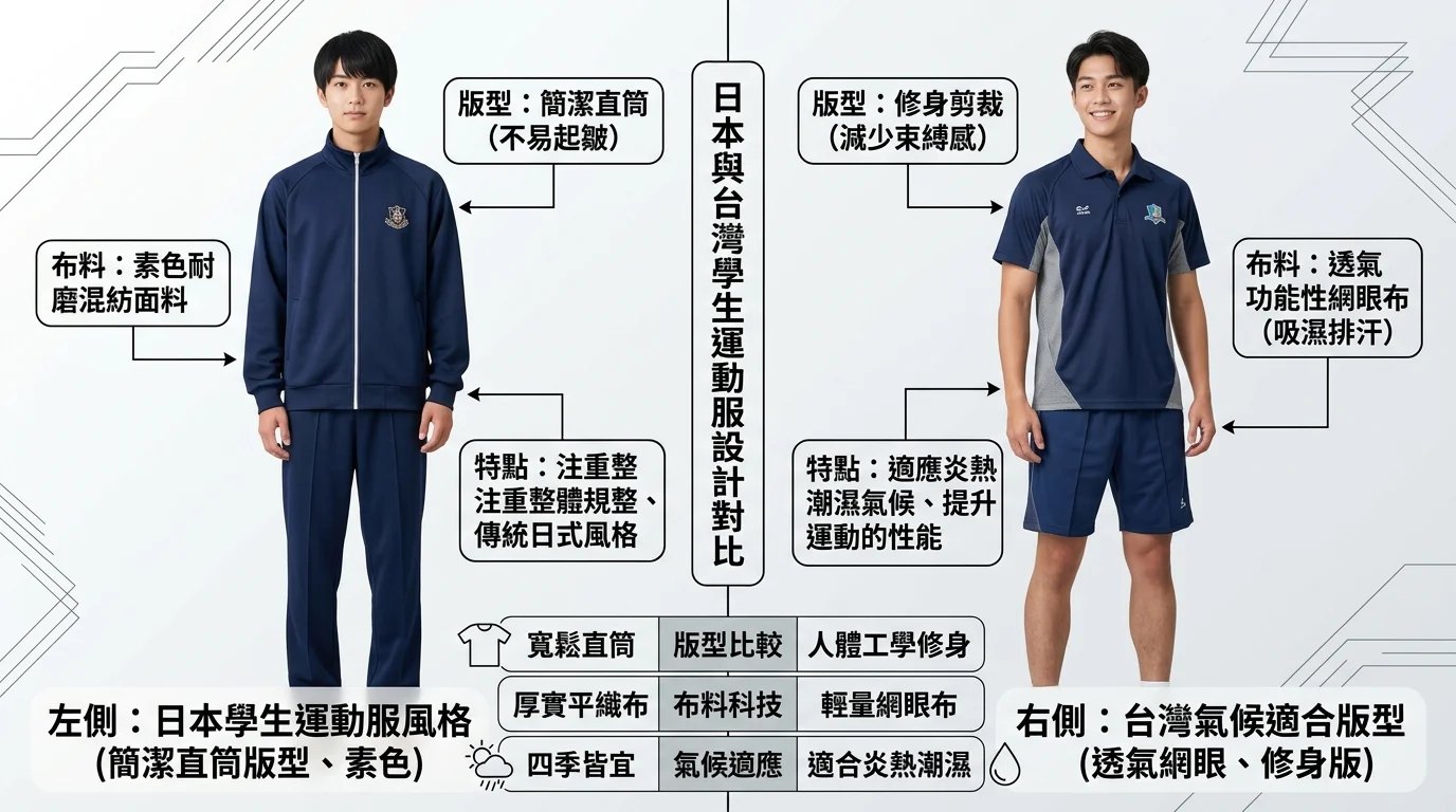 左側為日本學生運動服風格示意(簡潔直筒版型、素色),右側為台灣氣候適合的版型(透氣網眼、修身版),並列對比圖,標示版型和布料差異