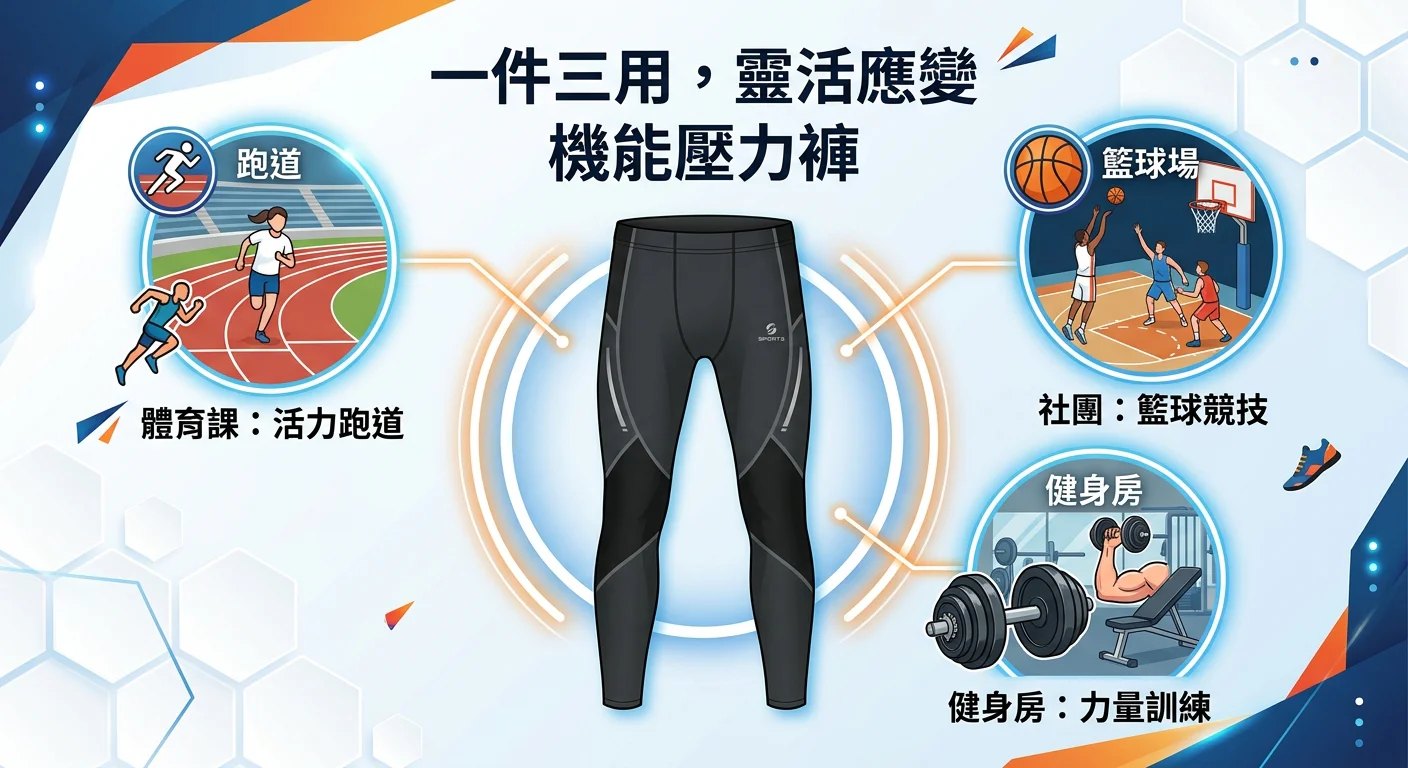 一件機能壓力褲放在畫面中央,周圍用小圖示標示三個場景(體育課跑道圖示、社團籃球圖示、健身房啞鈴圖示),視覺化「一件三用」的概念
