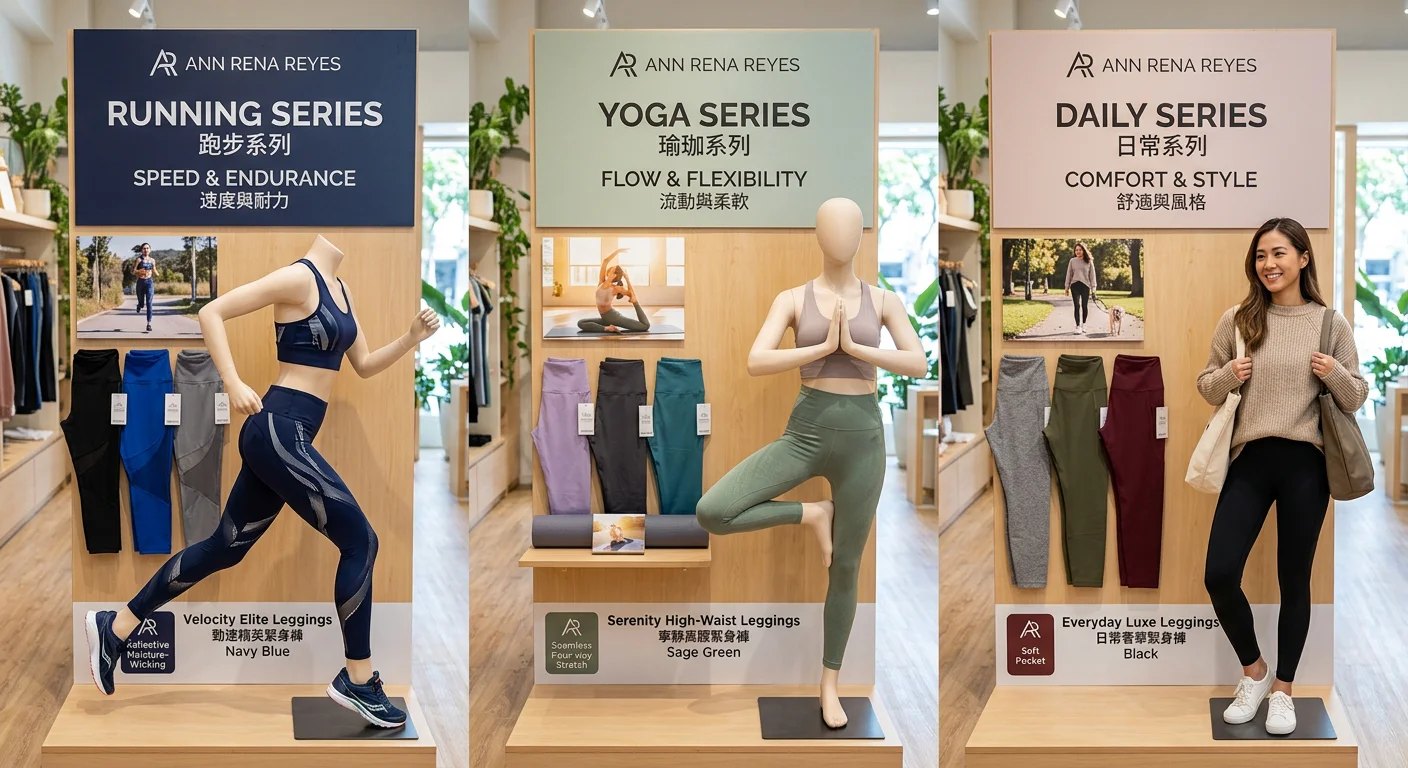 ANN RENA REYES 三個系列的運動緊身褲排列展示,跑步、瑜珈、日常三種場景