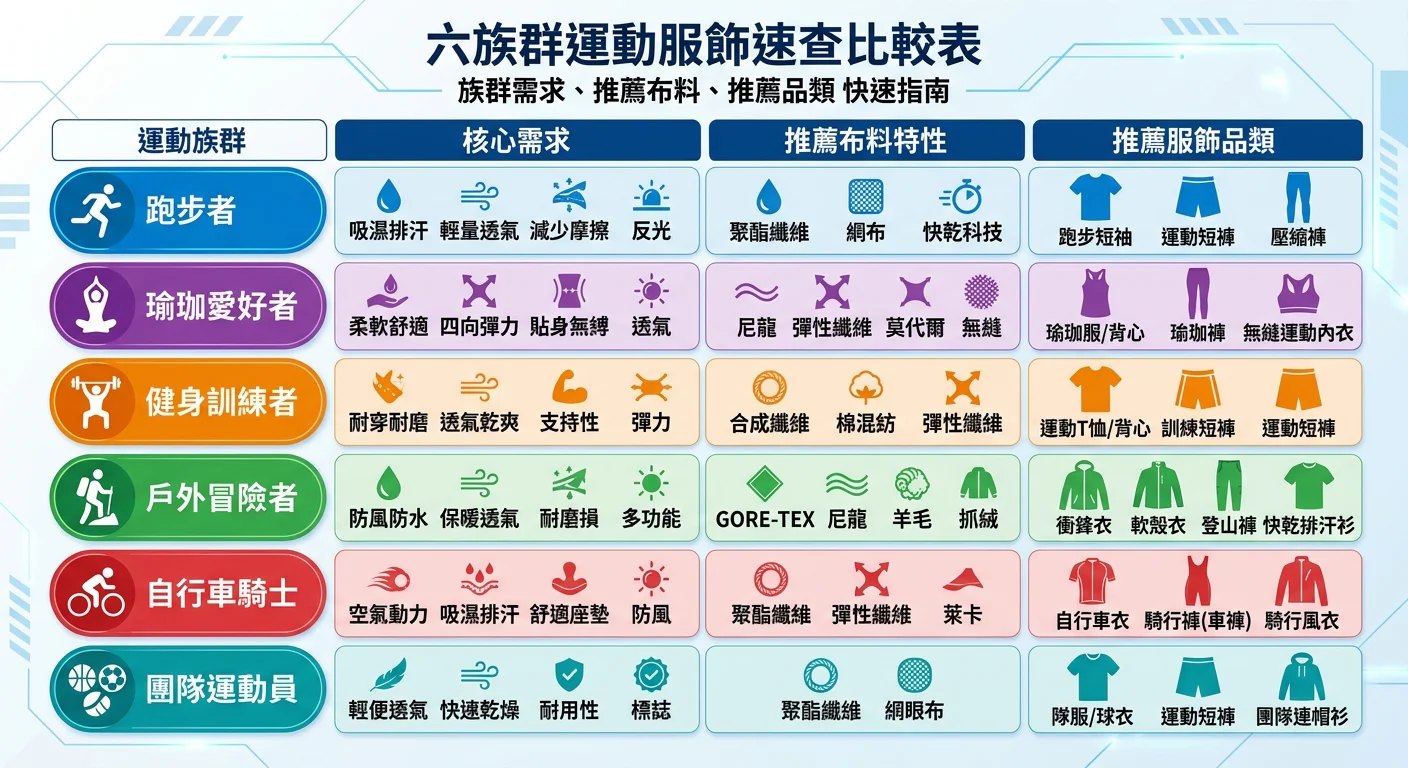 六族群運動服飾速查比較表視覺化,以圖表方式呈現各族群需求、推薦布料、推薦品類,設計乾淨清晰