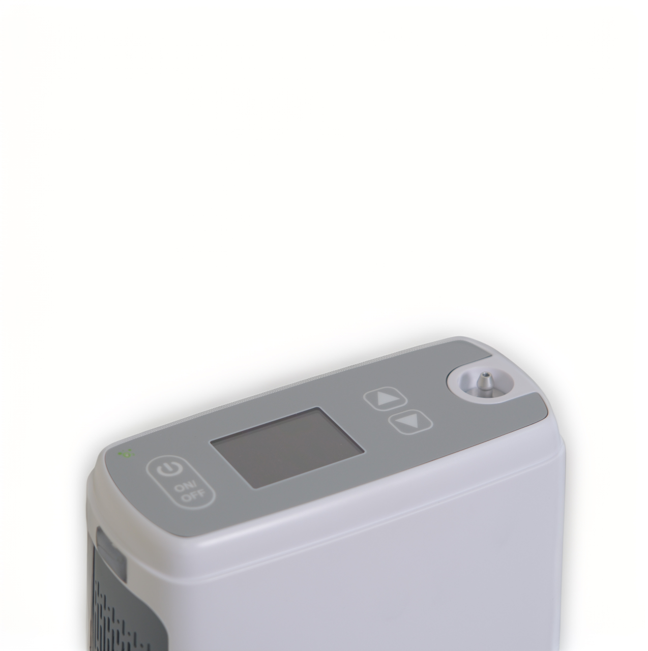 UCPOX-1 氧氣機上方控制介面,具備電源開關與氧氣流量大小調節按鈕,操作簡單直覺。