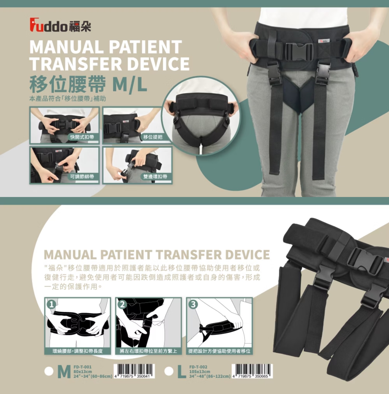 福朵移位腰帶包裝說明,詳細標註使用方式、尺寸規範與醫療器材字號資訊。