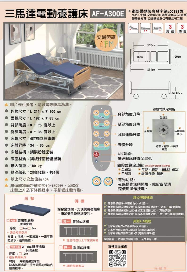 安輔三馬達電動養護床AF-A300E規格表,詳細列出背部、腿部、頭部角度與床體升降範圍,並附有木質頭尾板尺寸圖。