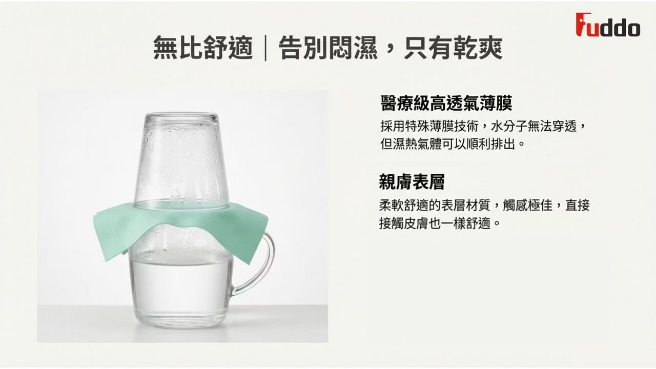 醫療級透氣薄膜與親膚表層細節,乾爽不悶熱,細心呵護肌膚。
