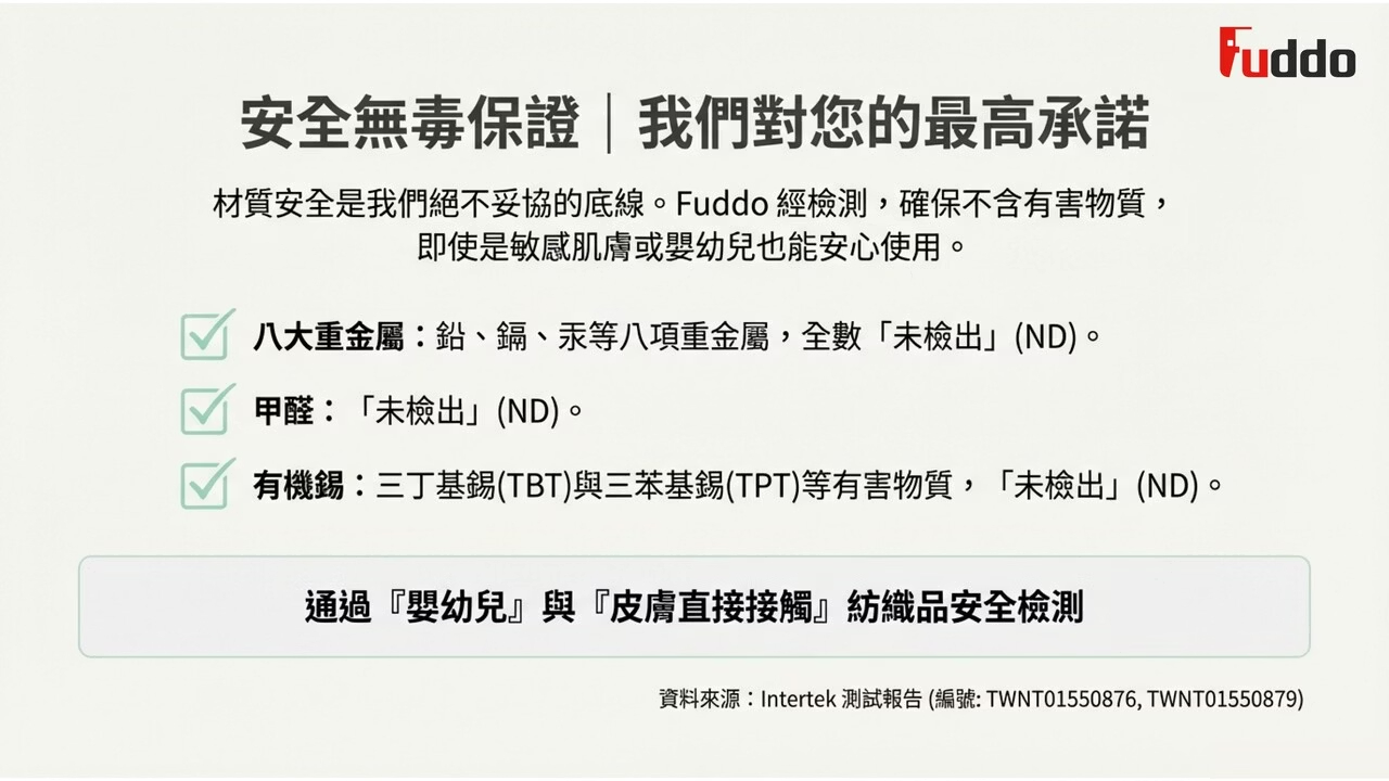 安全無毒保證,通過八大重金屬、甲醛及有機錫檢測,使用最安心。