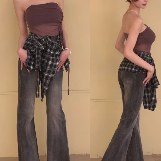 美式格紋綁帶喇叭長褲S-XL(2色)