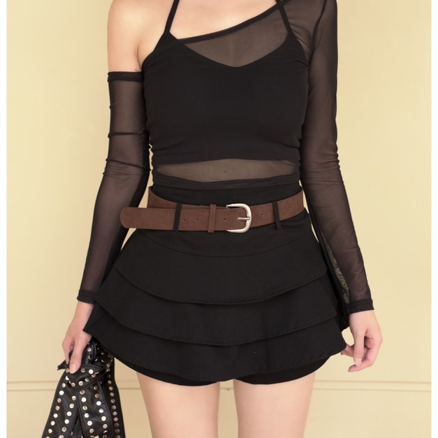 絨面覆皮帶蛋糕裙S-L (2色)