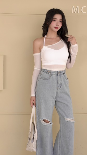 ➤不規則網紗上衣搭配綁脖胸墊背心(2色)