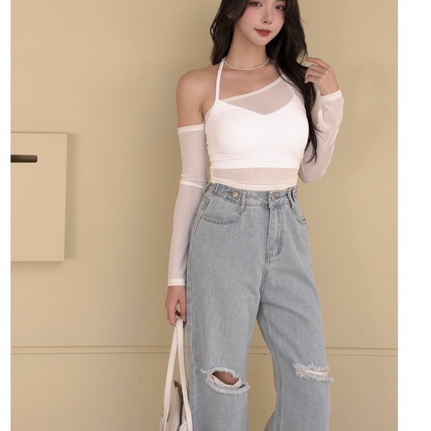 ➤不規則網紗上衣搭配綁脖胸墊背心(2色)