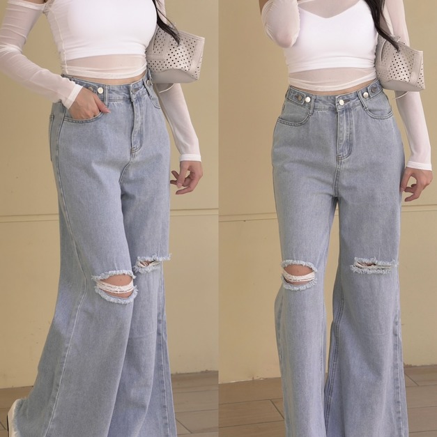 可調整腰圍牛仔喇叭長褲S-L