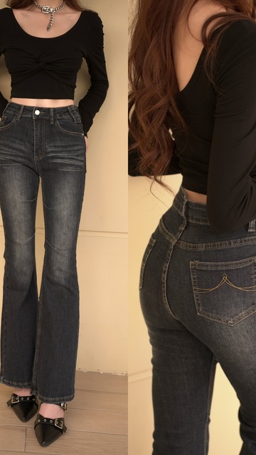 ➤時髦虎抓蚊刷色牛仔喇叭長褲S~L