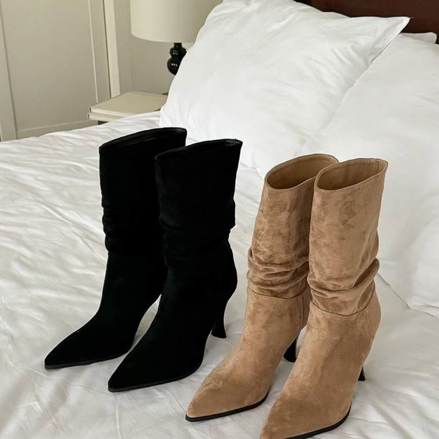 韓國麂皮尖頭高跟短靴 (2色) 36-40