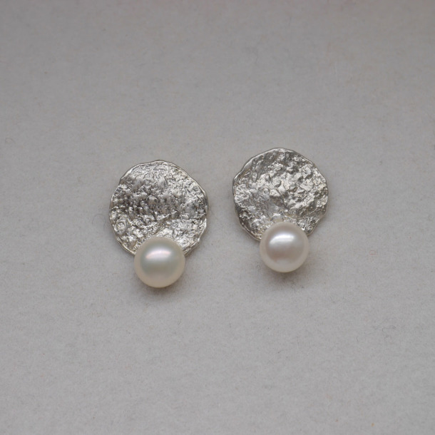 岩紋圓片珍珠耳環