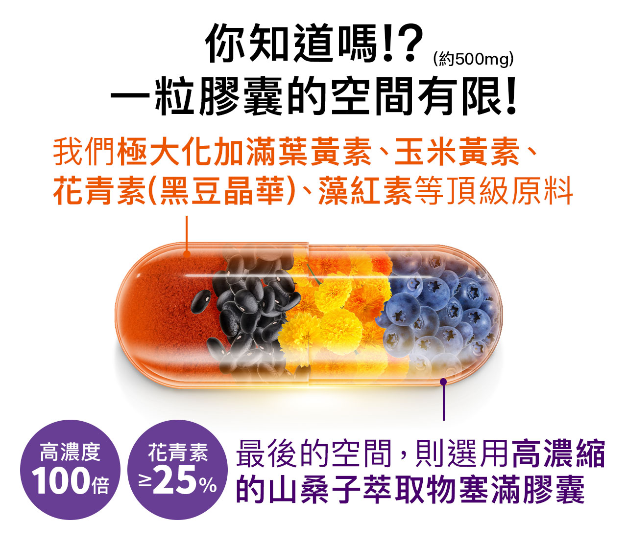 一粒膠囊的空間有限,除了滿滿的好料,剩餘的空間我們給你高濃縮山桑子萃取物