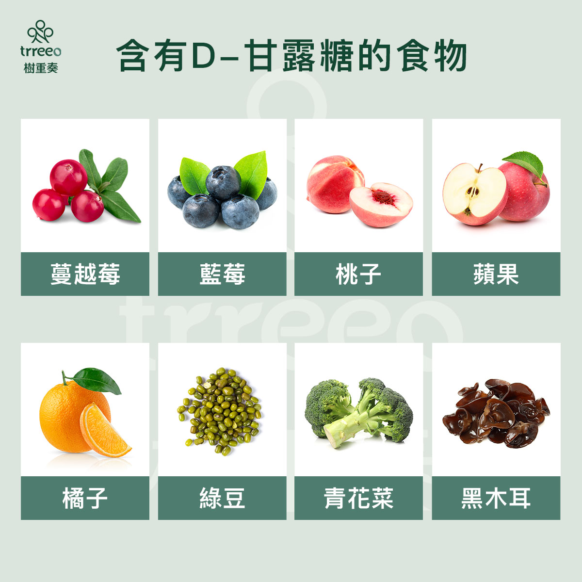 黑木耳、青花菜、蘋果、蔓越莓、藍莓本身都含有D-甘露糖