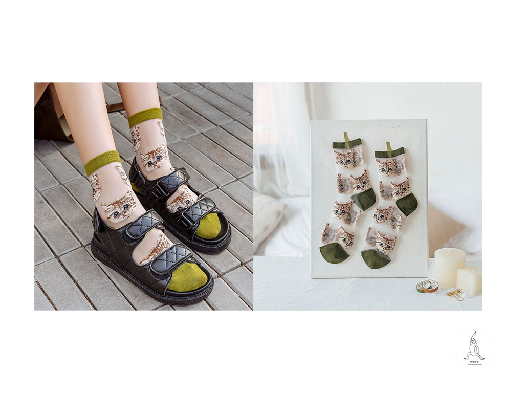 綠色貓咪中筒襪