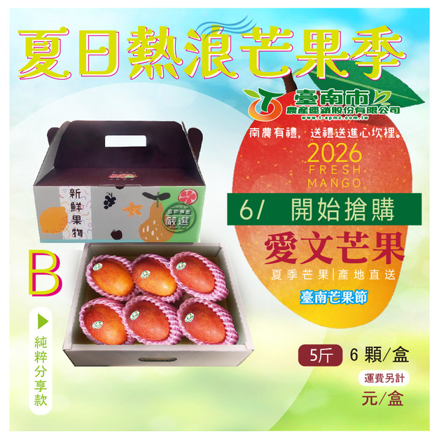 ▉預上架中 ▉ —2026【愛文芒果】B純粹分享款 6顆 5斤 ㊣小資最愛㊣