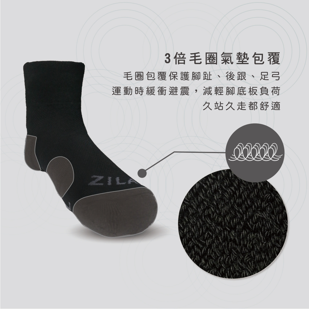石墨烯抑菌毛巾氣墊腳底止滑襪,左右腳人體工學設計