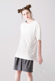 【中性款】衣身綁帶短袖TEE/米白 【中性款】衣身綁帶短袖TEE/米白