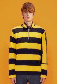 【中性款】條紋拚接長袖高領上衣/黃藍條紋 【中性款】條紋拚接長袖高領上衣/黃藍條紋