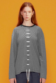 【中性款】條紋前綁帶圓領長袖上衣/黑白條 【中性款】條紋前綁帶圓領長袖上衣/黑白條