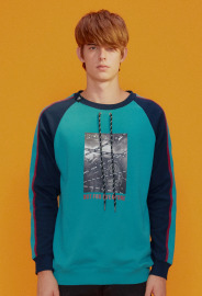 【中性款】袖拼接圓領T運動衫/甲蟲綠 【中性款】袖拼接圓領T運動衫/甲蟲綠