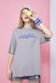 【中性款】羅紋拼接短袖上衣/麻灰色 【中性款】羅紋拼接短袖上衣/麻灰色