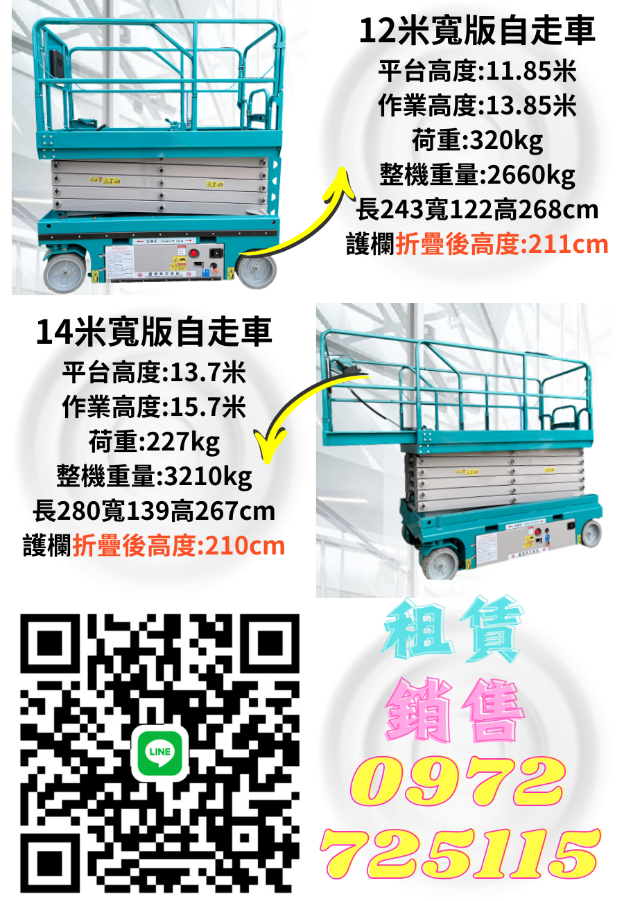 12 米寬版:作業高度 13.85 米,320kg 承載,適合中高層工程 14 米寬版:作業高度 15.7 米,穩定性強,滿足超高空間需求 全機型護欄可折疊,提供專業租售與原廠保固,桃竹苗以北快速配送,歡迎透過 LINE 或電話 0972-725115 諮詢