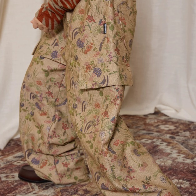 時髦古著花紋純棉工裝直筒褲|多口袋設計|內裡加絨 時髦古著花紋純棉工裝直筒褲|多口袋設計|內裡加絨