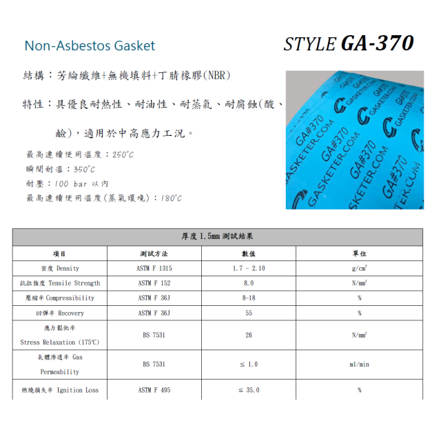非石棉法蘭墊片 GA#370(Non-Asbestos CNAF 板材) 非石棉法蘭墊片 GA#370(Non-Asbestos CNAF 板材)