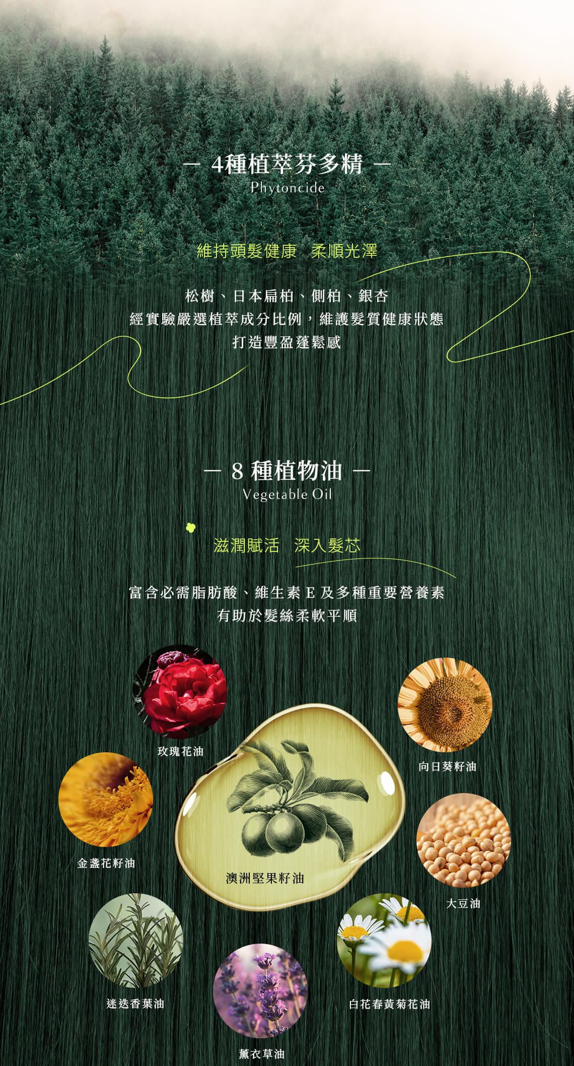 4種植萃芬多精,幫助頭髮生長、健康光澤;8種植物油,滋潤賦活、深入髮芯,有助於髮絲柔軟平順。