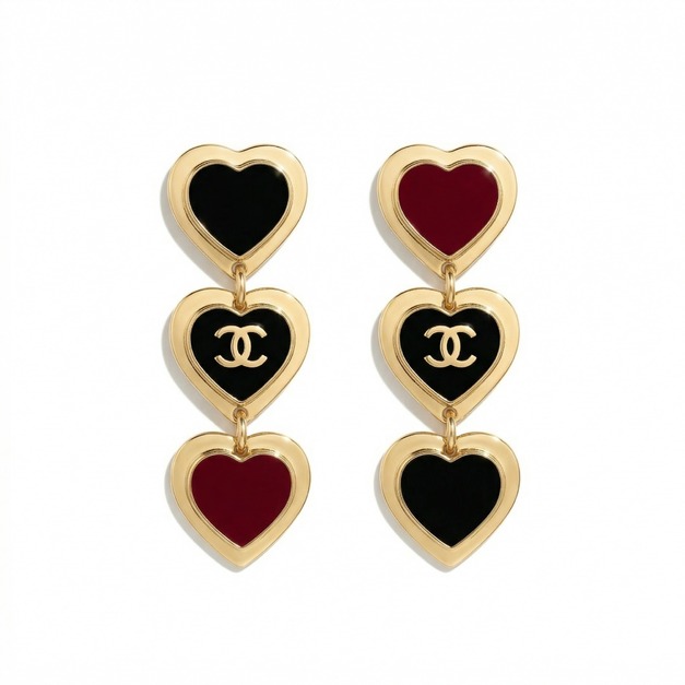 CHANEL 香紅黑撞色三愛心耳環 CHANEL 香紅黑撞色三愛心耳環