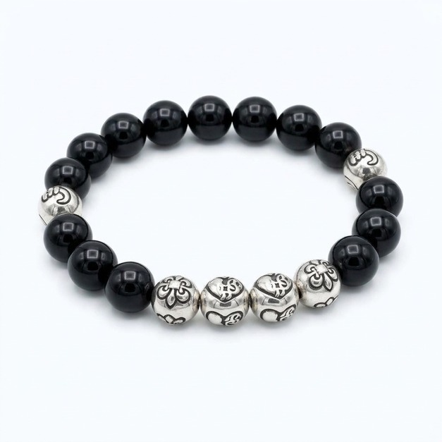 CHROME HEARTS 黑瑪瑙銀珠十字架童軍花手鍊 CHROME HEARTS 黑瑪瑙銀珠十字架童軍花手鍊
