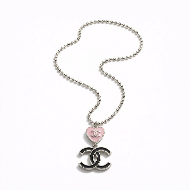 CHANEL 銀色珠鍊粉色愛心 CC Logo 項鍊 CHANEL 銀色珠鍊粉色愛心 CC Logo 項鍊