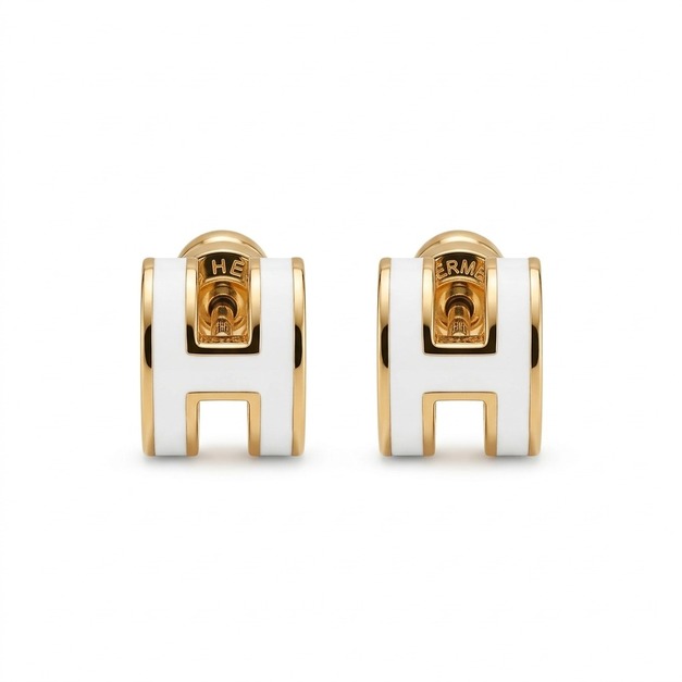 HERMES 白色H型迷你玫瑰金耳環 HERMES 白色H型迷你玫瑰金耳環