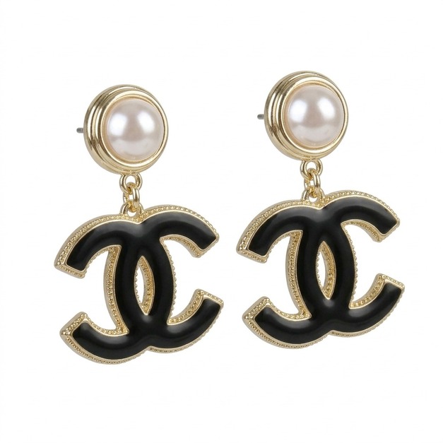 CHANEL 黑皮珍珠雙C耳環 CHANEL 黑皮珍珠雙C耳環