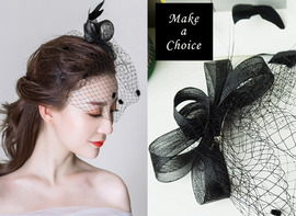 【A150810-A】【現貨】黑色歐美派對復古羽毛面紗網紗禮帽髮夾