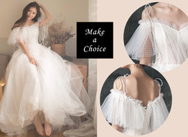 C180603【S-XL】【預購+現貨L】露肩白色點點蕾絲喇叭袖綁帶式輕婚紗輕禮服