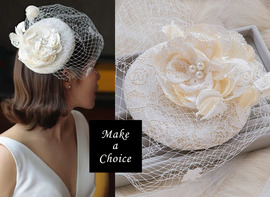 A151207【現貨】手工米白色亞麻蕾絲花朵珠珍網紗面紗頭紗小禮帽